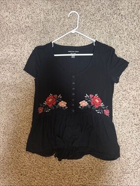 American Eagle Outfitters Black Short Sleeve Top with Floral Embroidery